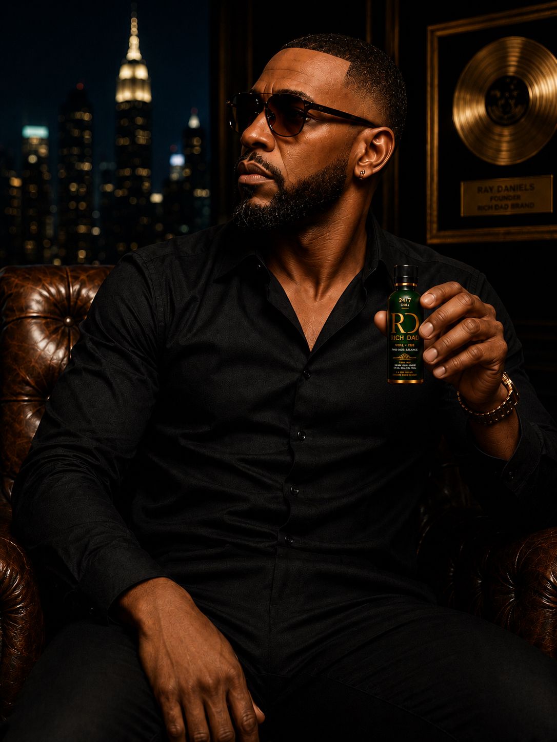 A man in black shirt and sunglasses seated in the Rich Dad lounge at night, holding a 2oz Rich Dad 24/7 Chill shot, gold record on the wall and the city skyline behind him