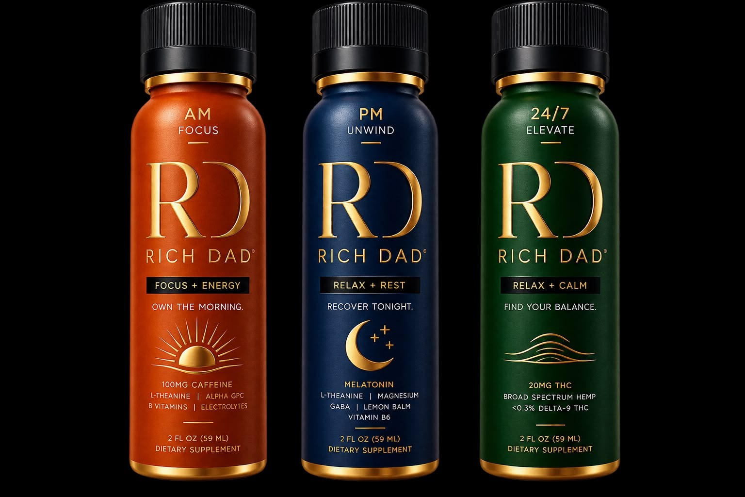 The Rich Dad collection — AM Focus, PM Unwind and 24/7 Elevate 2-ounce shots